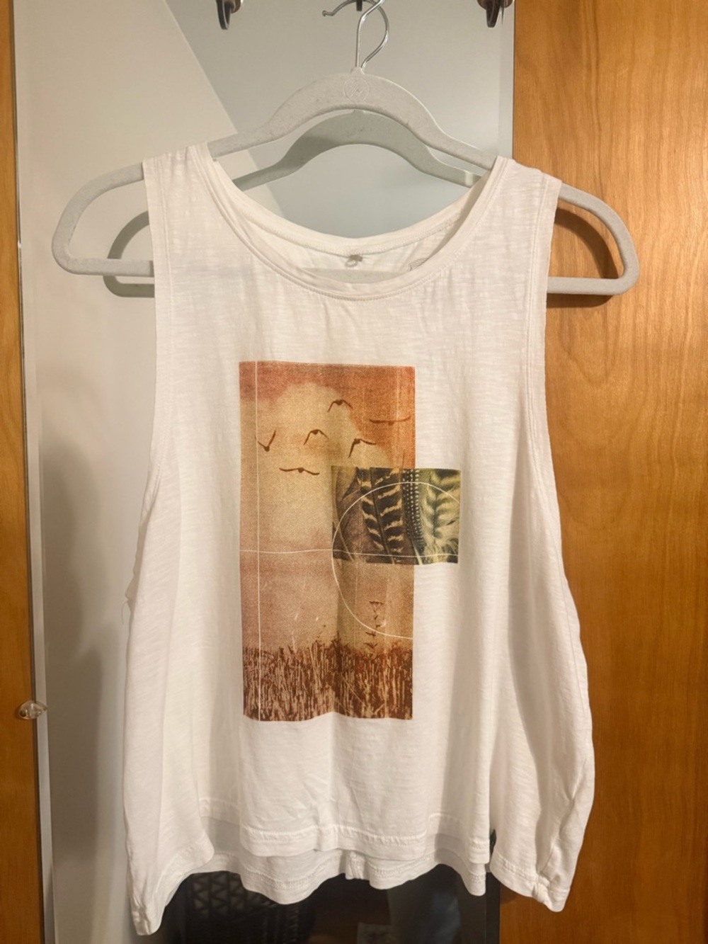 Prana White Graphic Tank Top with Earth-Tone Nature Print